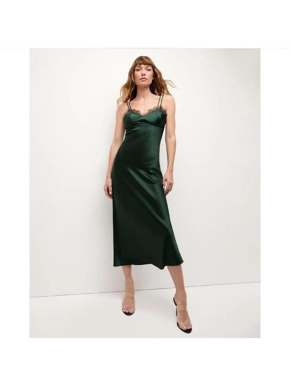 Veronica Beard Bixie Stretch Emerald Green Silk Slip Midi-Dress 16